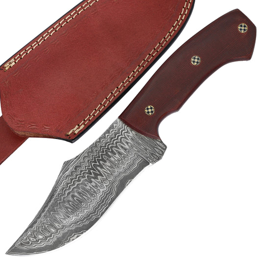 Red Leaf Damascus Steel S Curve Medium Large Game Full Tang Outdoor Camping Hunting Knife w/ Genuine Leather Sheath