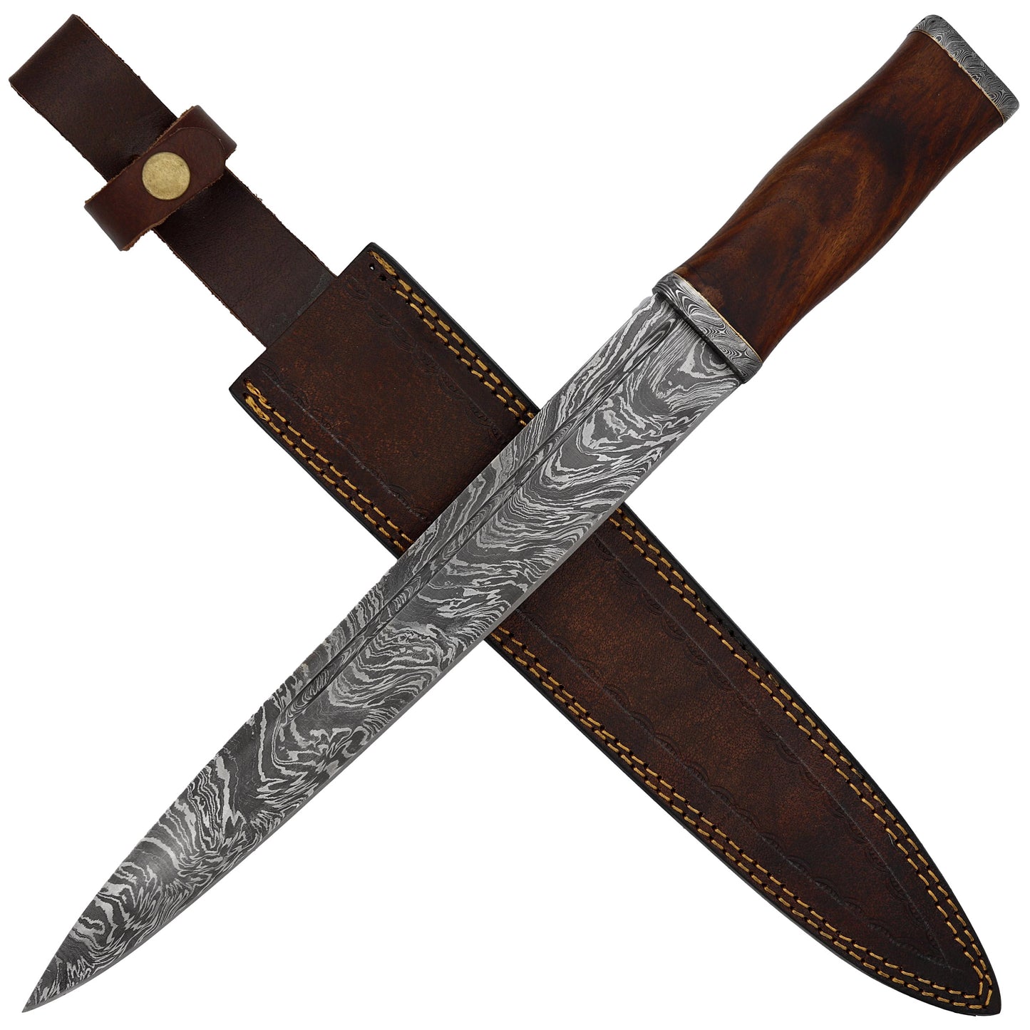 Hometown Drop Point Damascus Steel Blade Hunting Camping Dagger Knife w/ Walnut Wood Handle & Genuine Leather Sheath