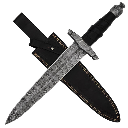 Backup Blade Full Tang Medieval Inspired Forged Damascus Steel Knightly Replica Double Edge Dagger w/ Genuine Leather Sheath