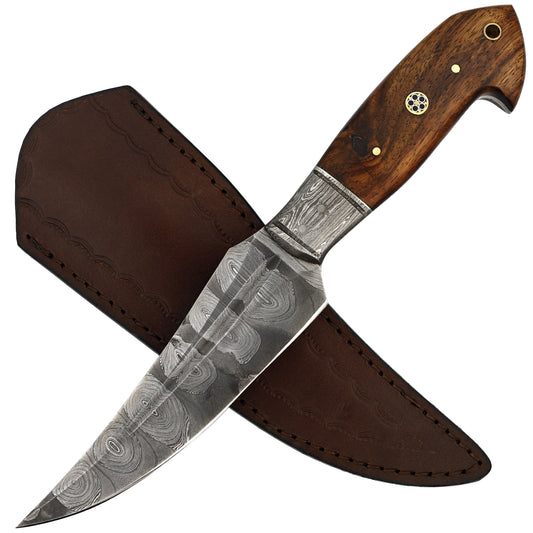 Searching Claw Functional Full Tang Damascus Steel Trailing Point Medium Large Game Hunting Knife w/ Wooden Handle & Genuine Leather Sheath