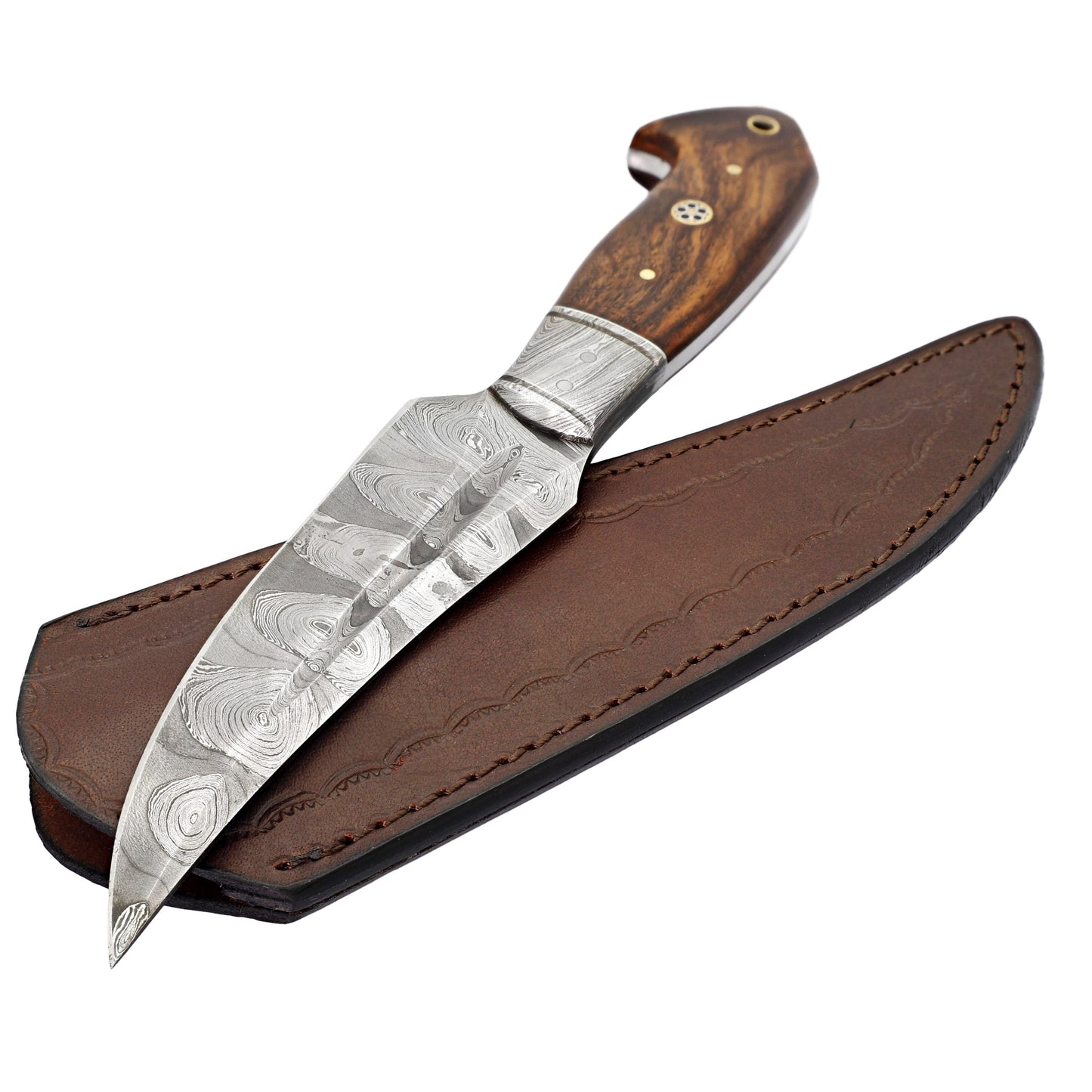 Searching Claw Functional Full Tang Damascus Steel Trailing Point Medium Large Game Hunting Knife w/ Wooden Handle & Genuine Leather Sheath