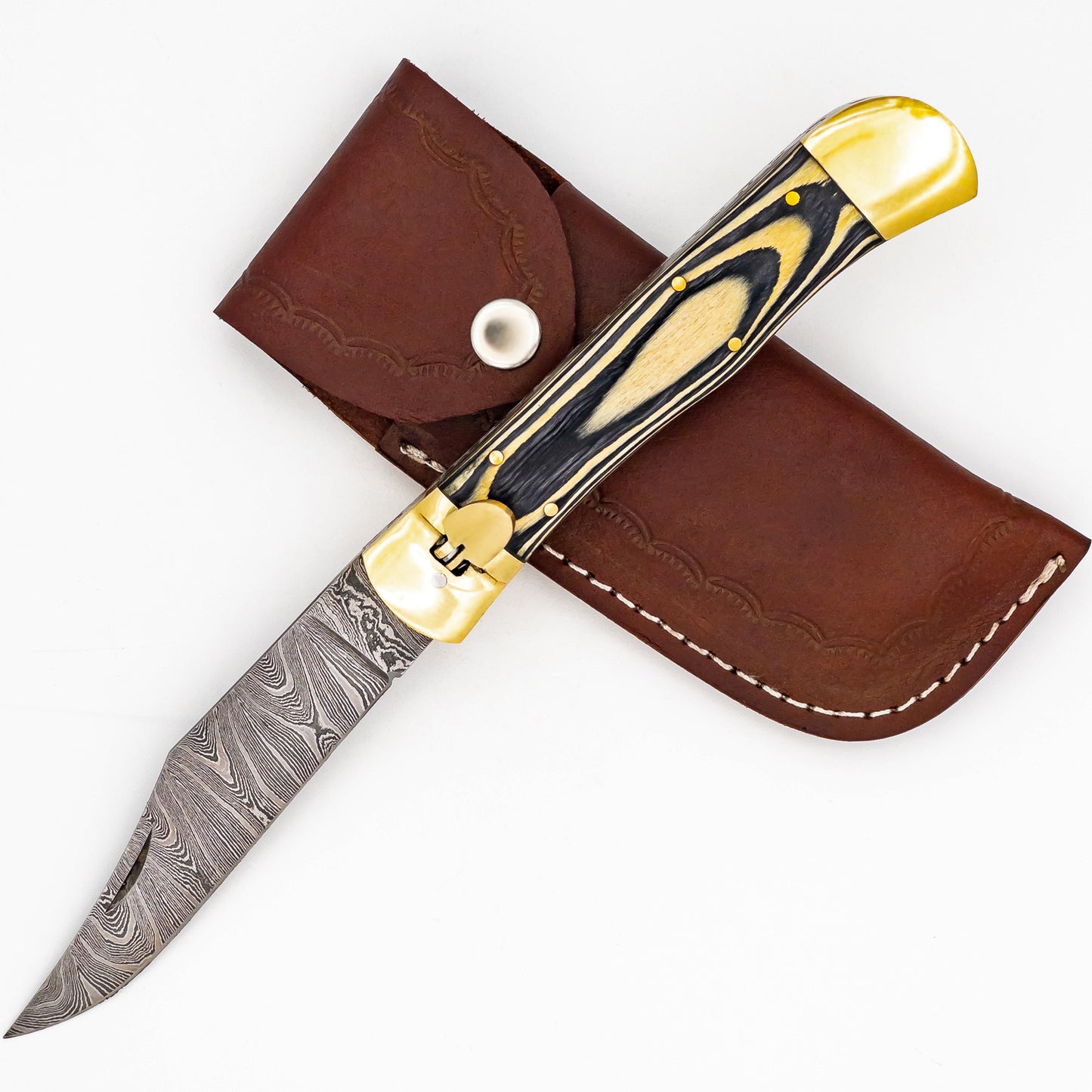 Hive Mind Automatic Large Damascus XL Lever Lock Clip Point Switchblade Knife