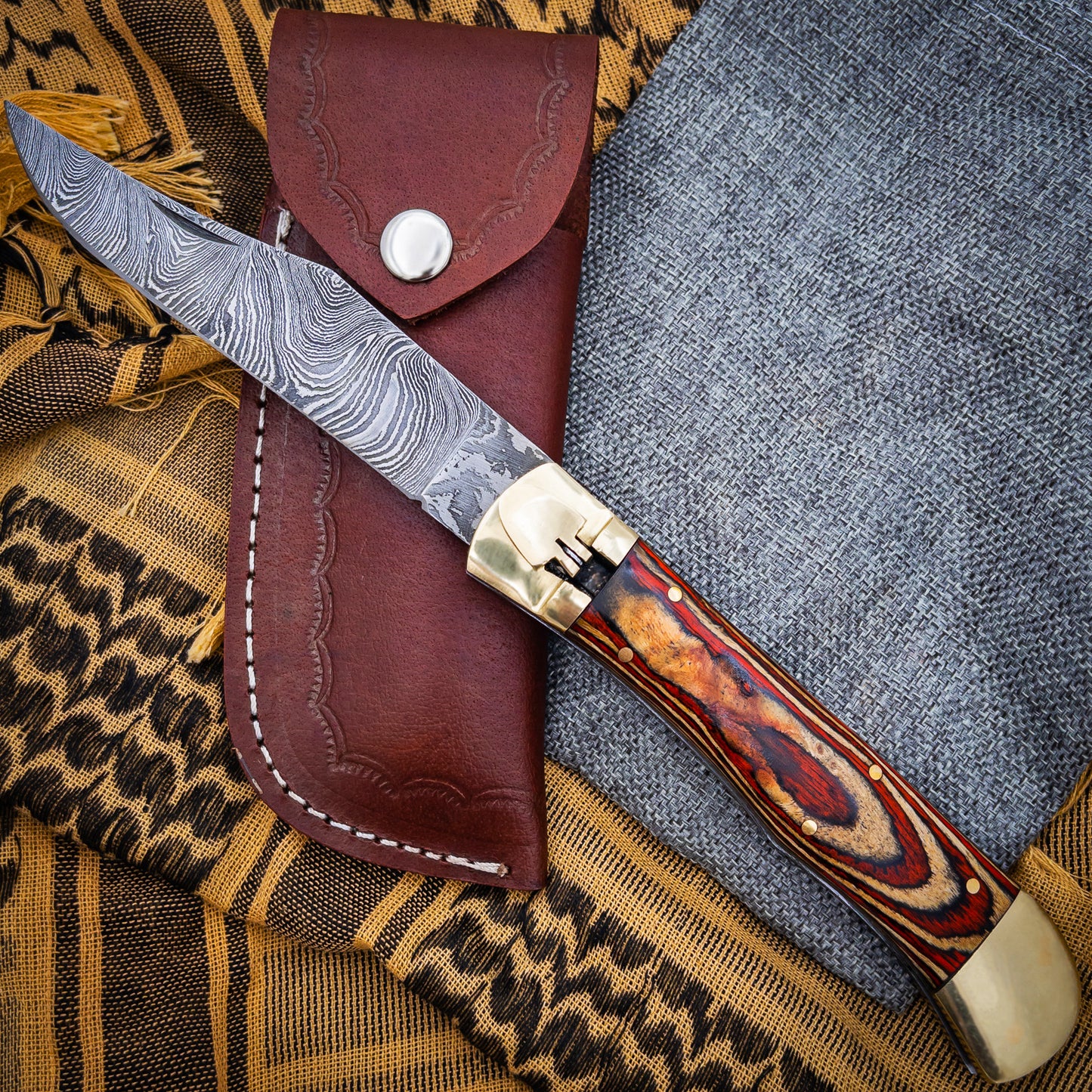 Burning Woodland Automatic Large Damascus XL Lever Lock Clip Point Switchblade Knife