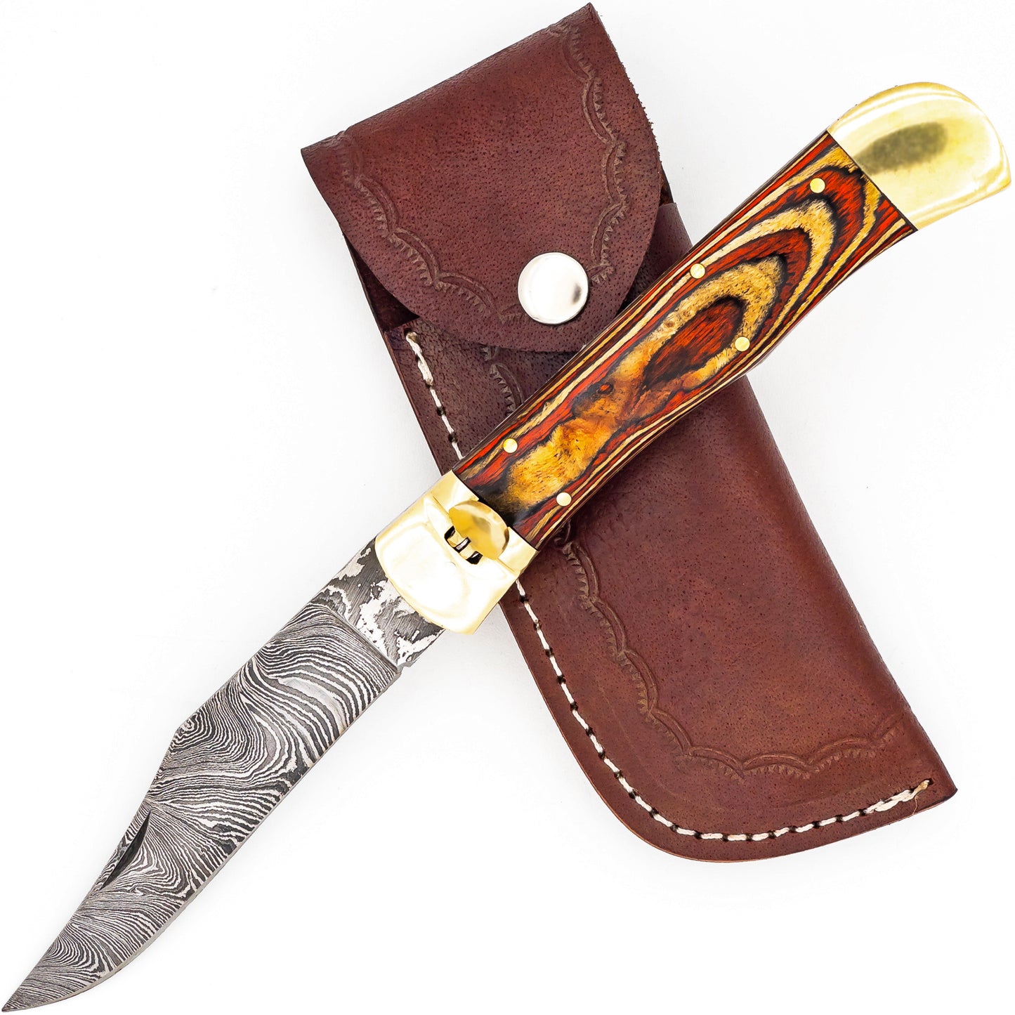 Burning Woodland Automatic Large Damascus XL Lever Lock Clip Point Switchblade Knife