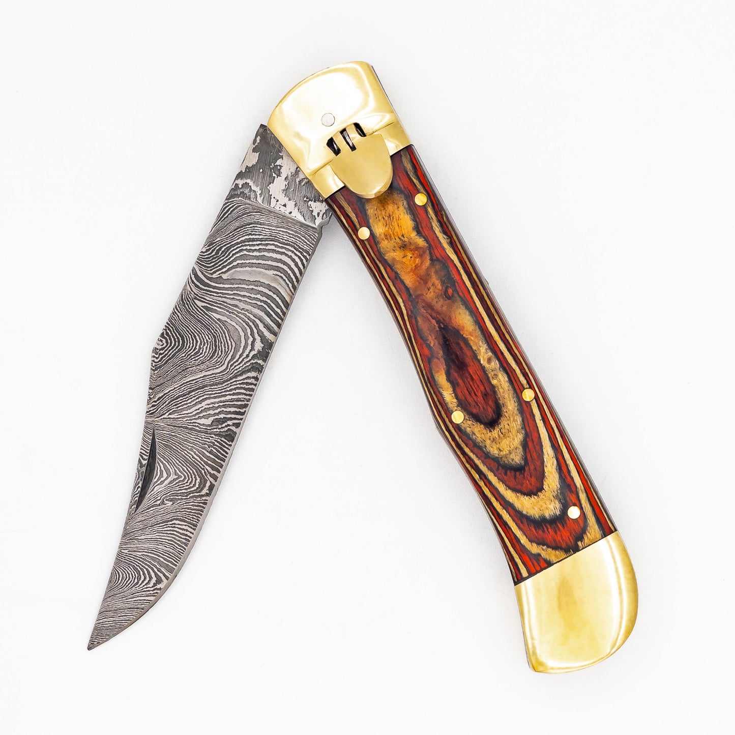 Burning Woodland Automatic Large Damascus XL Lever Lock Clip Point Switchblade Knife