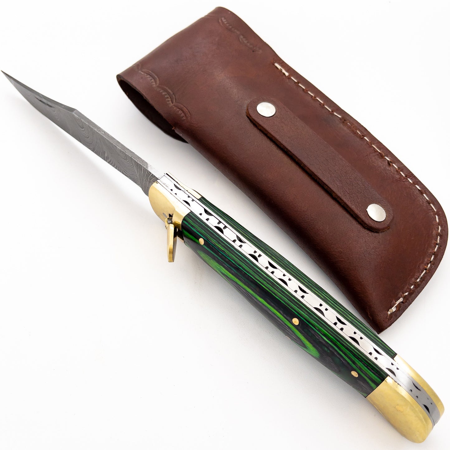 Tractor Beam Large Clip Point Automatic Damascus Lever Lock Knife