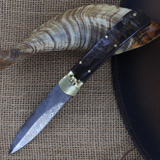 Ridges and Valleys Ram Horn Handle Damascus Lever Lock Automatic Knife