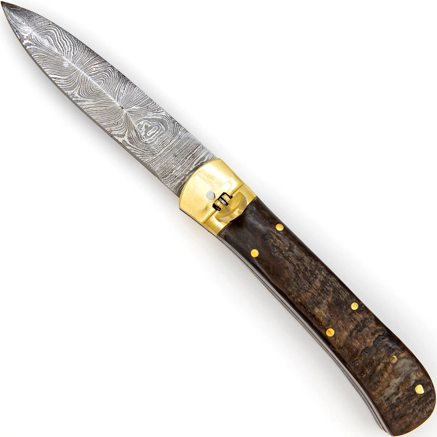 Ridges and Valleys Ram Horn Handle Damascus Lever Lock Automatic Knife