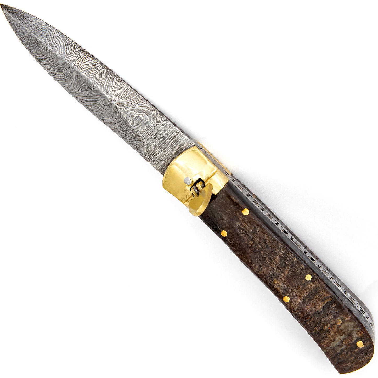 Ridges and Valleys Ram Horn Handle Damascus Lever Lock Automatic Knife