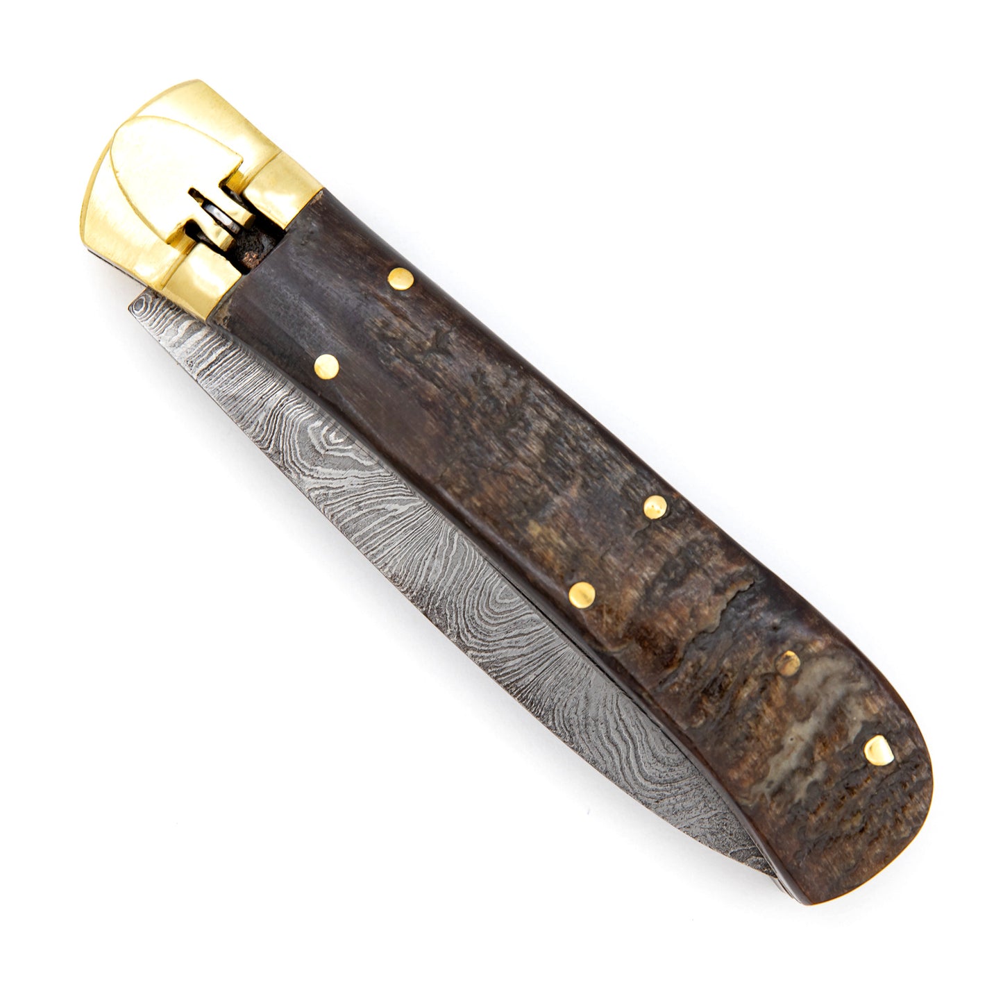 Ridges and Valleys Ram Horn Handle Damascus Lever Lock Automatic Knife