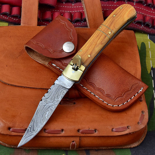 Land of Behemoths Clip Point Automatic Damascus Lever Lock Knife