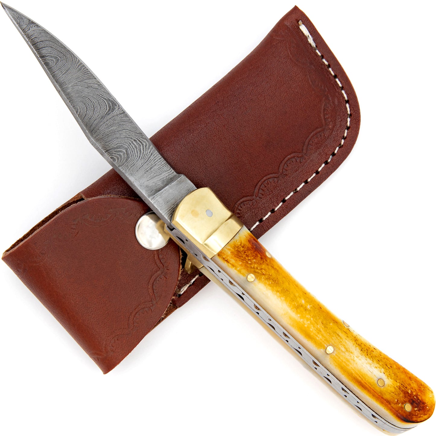 Ashen Reflex Clip Point Automatic Damascus Lever Lock Knife