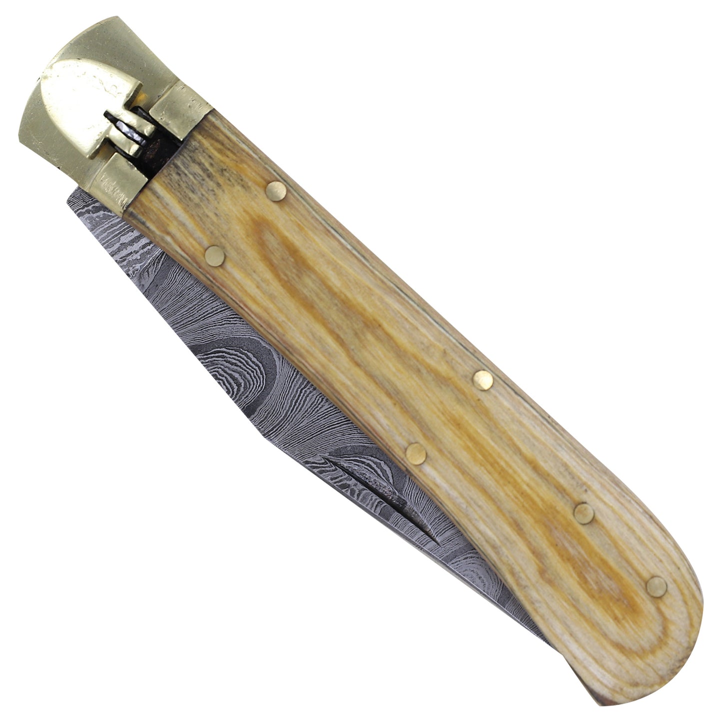 Wooden Halo Damascus Clip Point Automatic Switchblade Lever Lock Knife