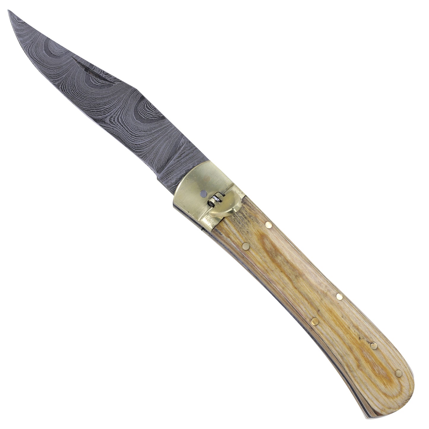 Wooden Halo Damascus Clip Point Automatic Switchblade Lever Lock Knife