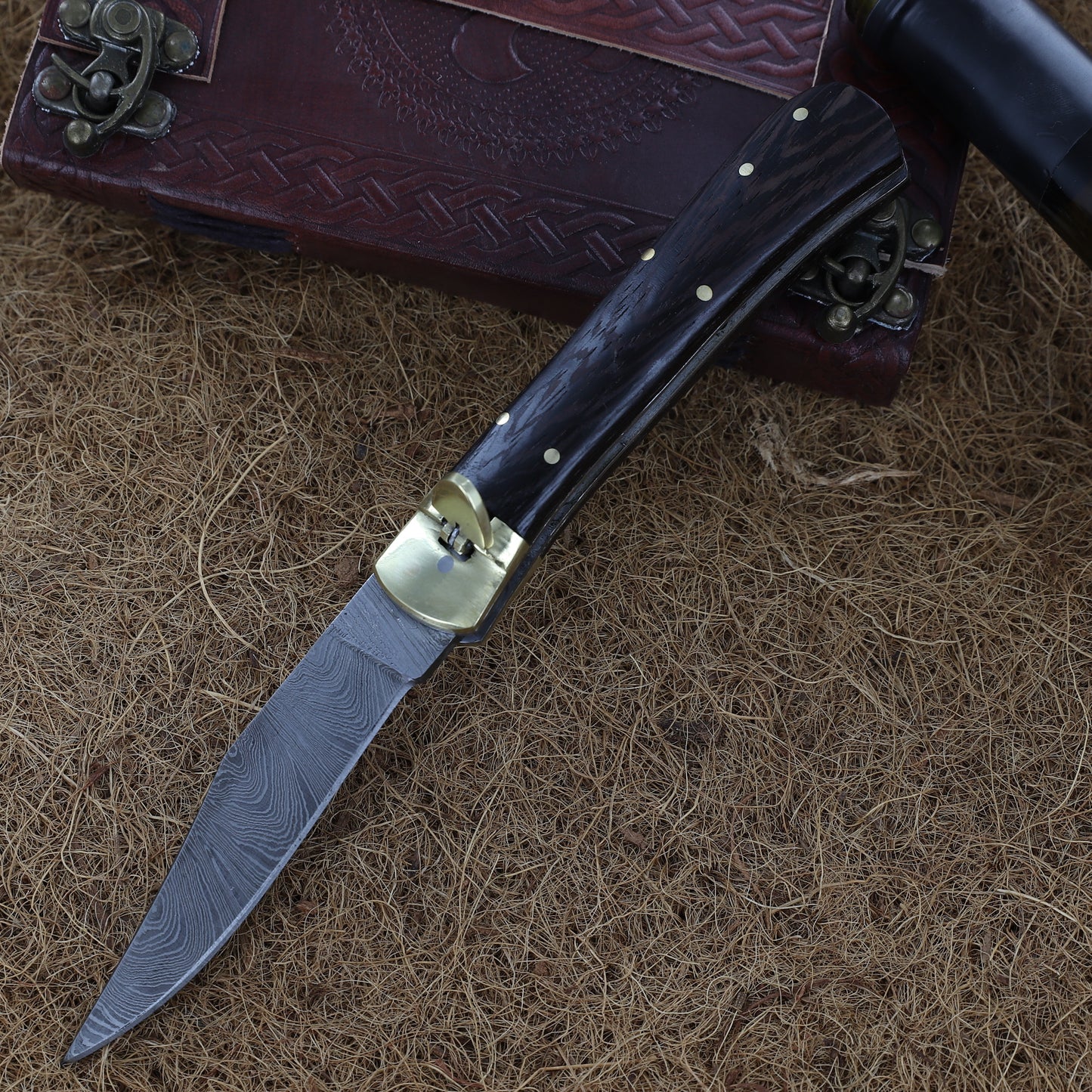 Dark Wood Lullaby Damascus Clip Point Automatic Switchblade Lever Lock Knife