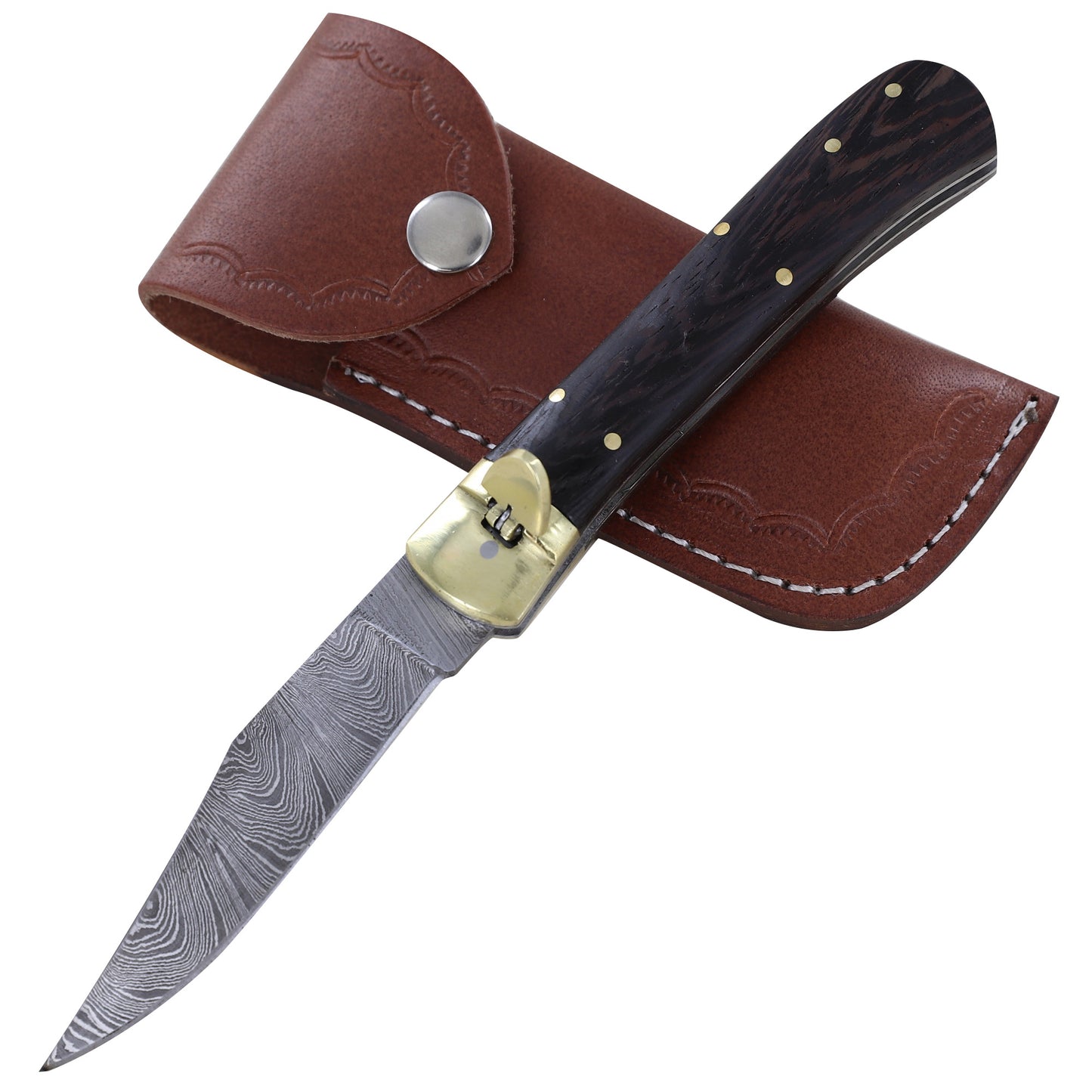 Dark Wood Lullaby Damascus Clip Point Automatic Switchblade Lever Lock Knife