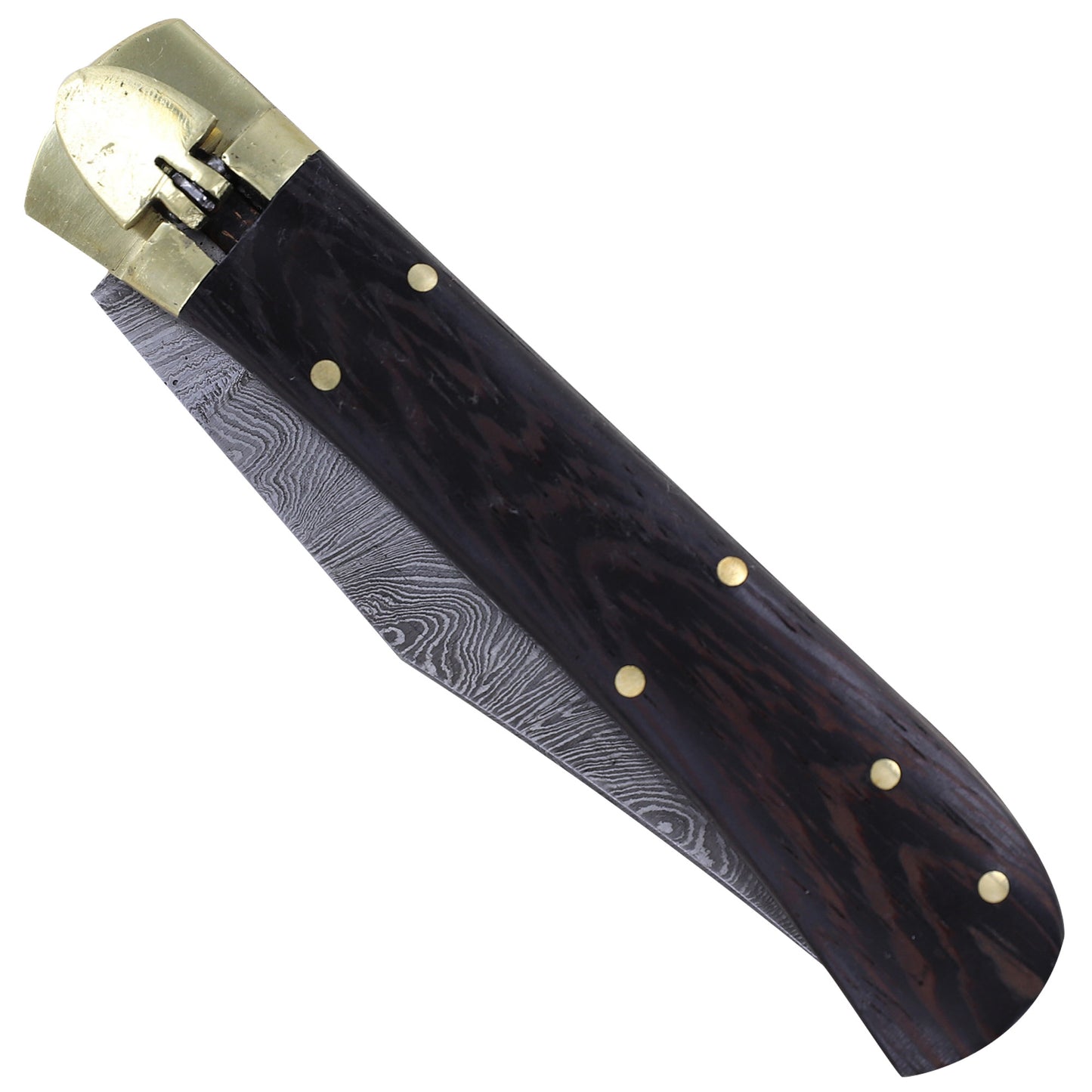 Dark Wood Lullaby Damascus Clip Point Automatic Switchblade Lever Lock Knife