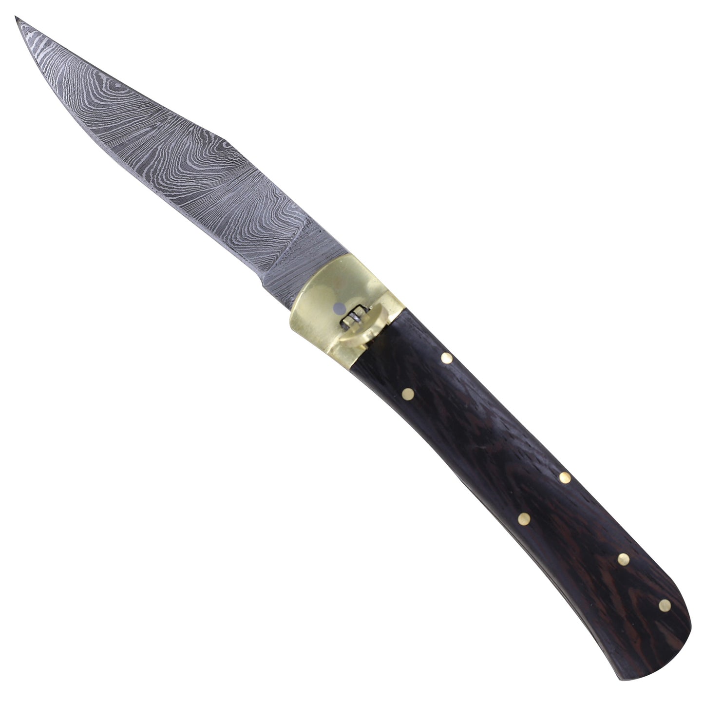 Dark Wood Lullaby Damascus Clip Point Automatic Switchblade Lever Lock Knife