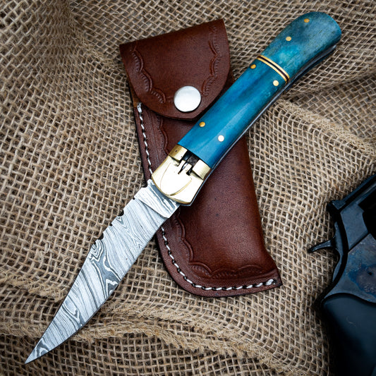 Titan Falls Damascus Clip Point Automatic Switchblade Lever Lock Knife