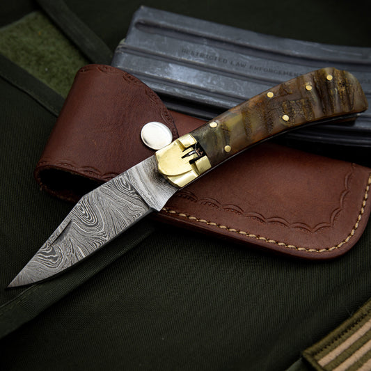 Familiar Hills Automatic Clip Point Damascus Steel Ram Horn Pocket Lever Lock Knife