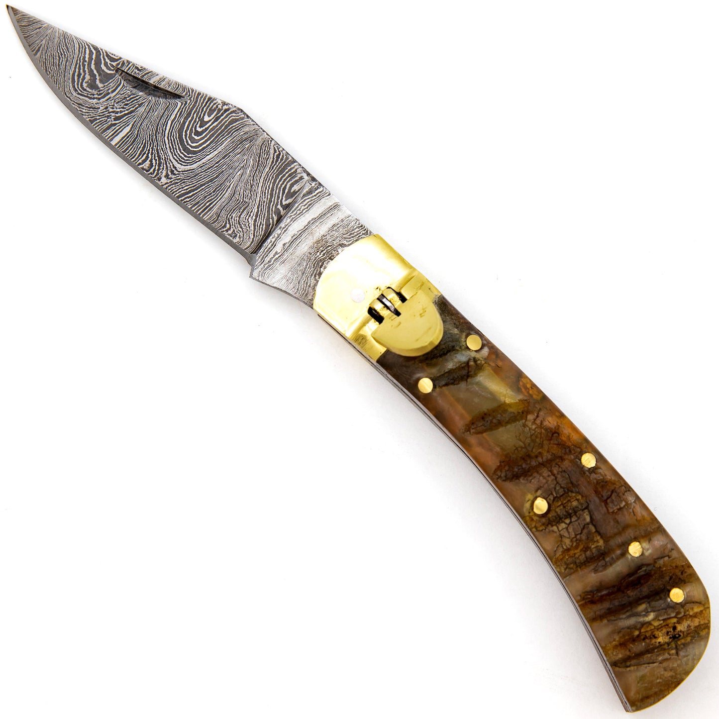 Familiar Hills Automatic Clip Point Damascus Steel Ram Horn Pocket Lever Lock Knife