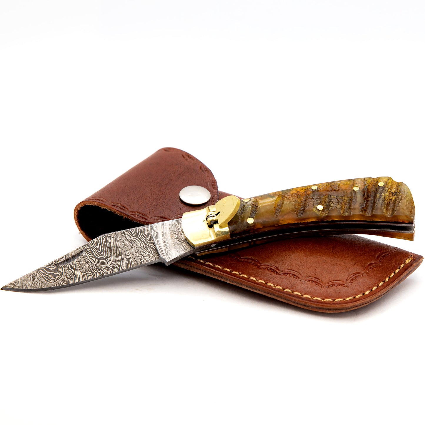 Familiar Hills Automatic Clip Point Damascus Steel Ram Horn Pocket Lever Lock Knife