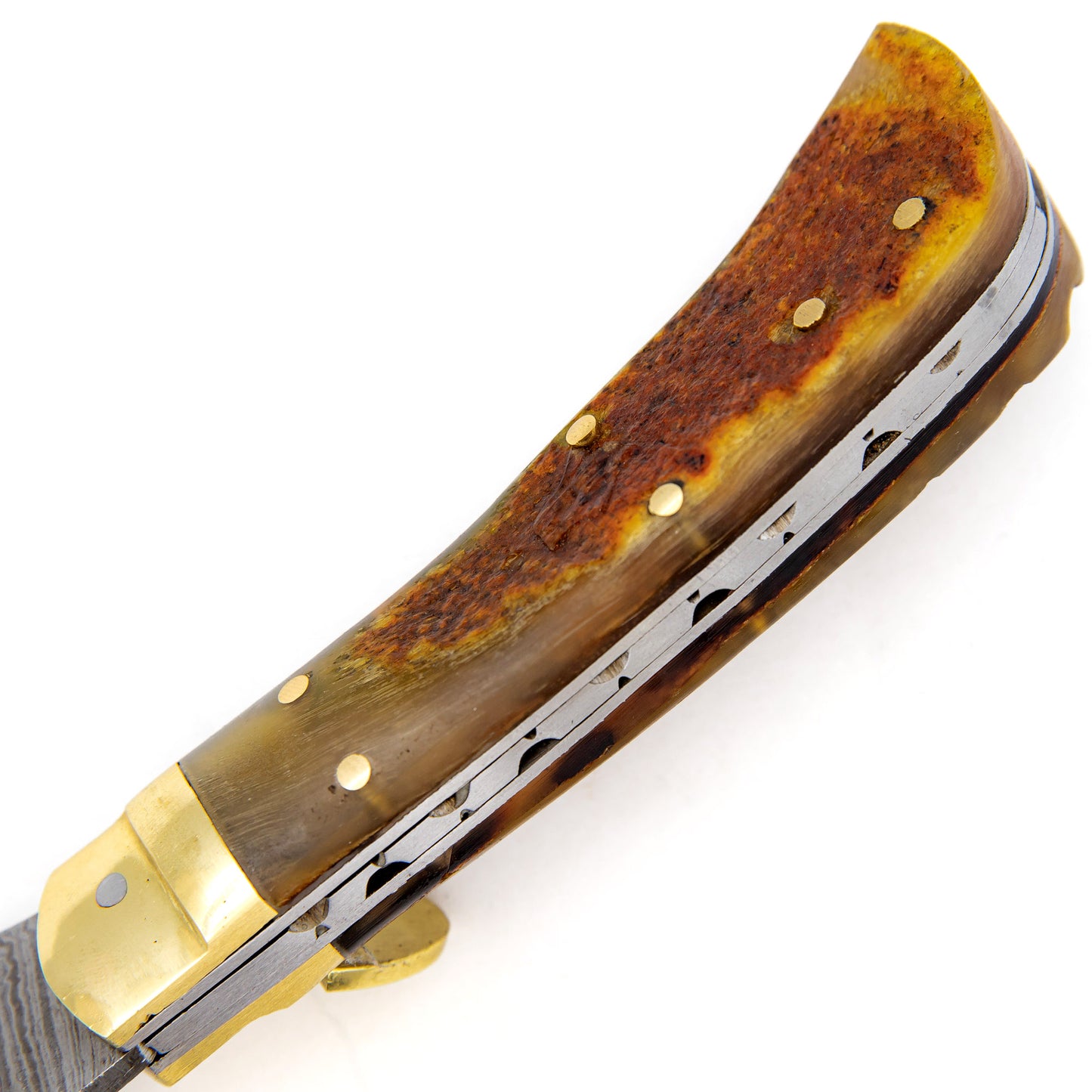 Familiar Hills Automatic Clip Point Damascus Steel Ram Horn Pocket Lever Lock Knife