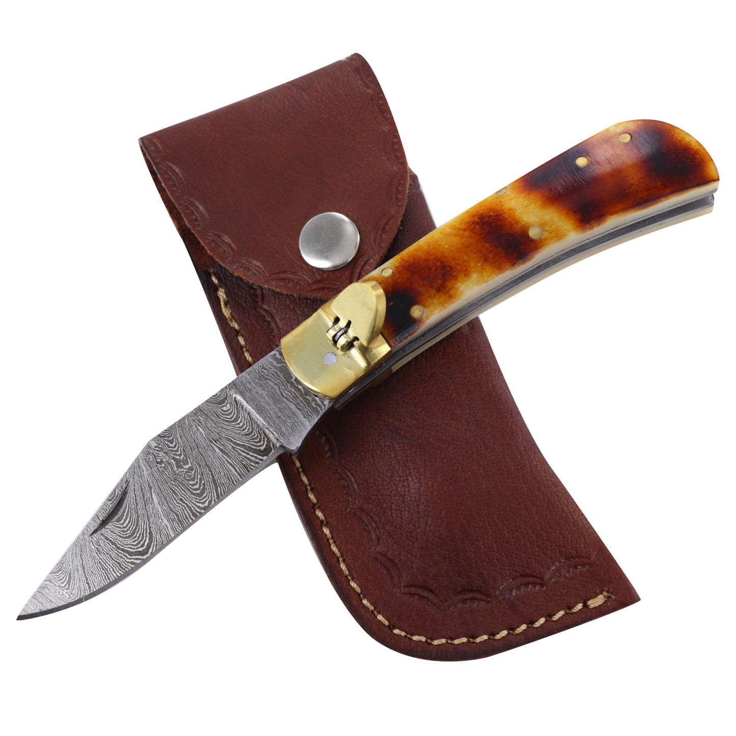 Marked by Fire Forged Damascus Steel Clip Point Automatic Lever Lock Camel Bone Knife