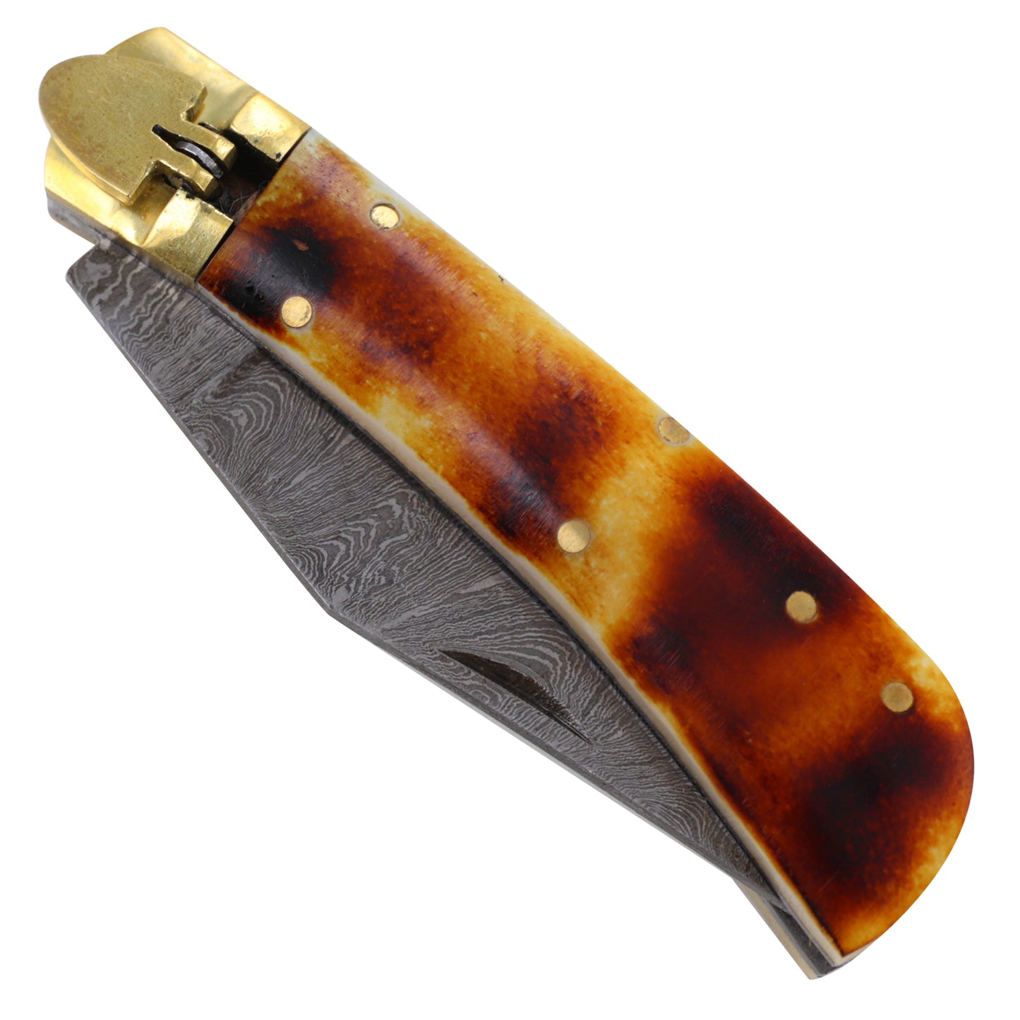 Marked by Fire Forged Damascus Steel Clip Point Automatic Lever Lock Camel Bone Knife