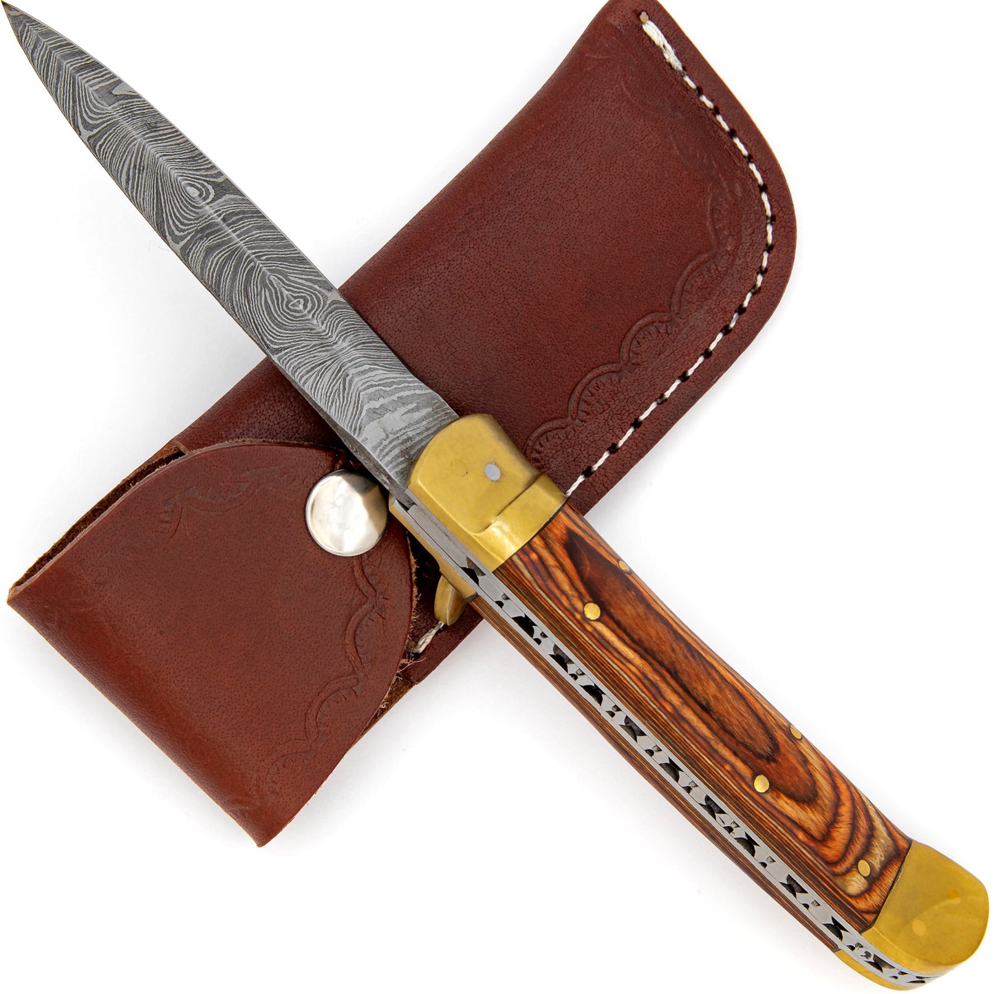 Damascus Great Red Wood Lever Automatic Knife