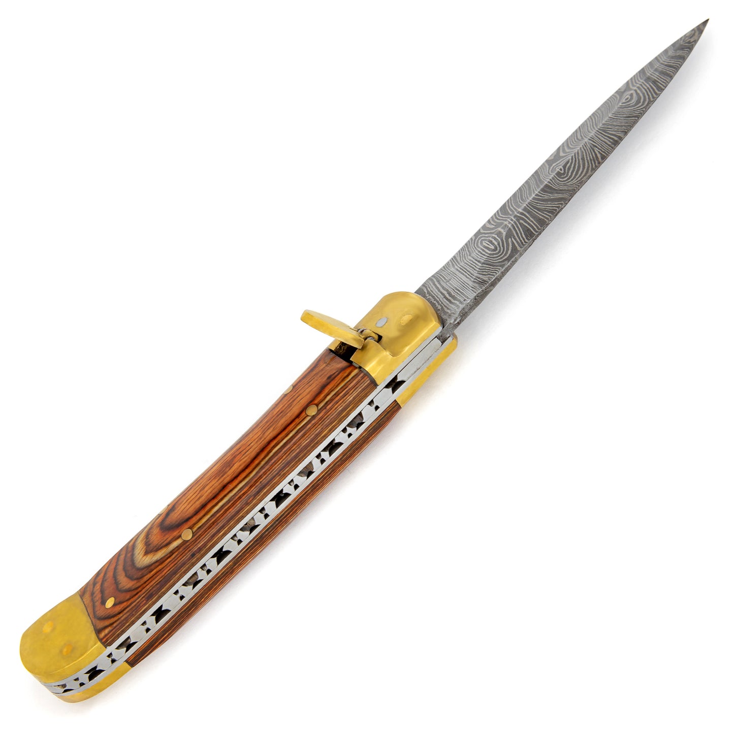 Damascus Great Red Wood Lever Automatic Knife