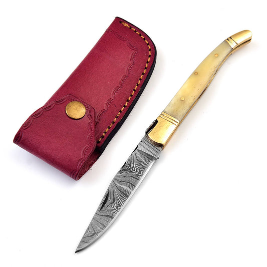 Daylight Requiem Everyday Hunting Fishing Hobby Folding Hand Forged Damascus Steel Clip Point Pocket Knife w/ Camel Bone Handle