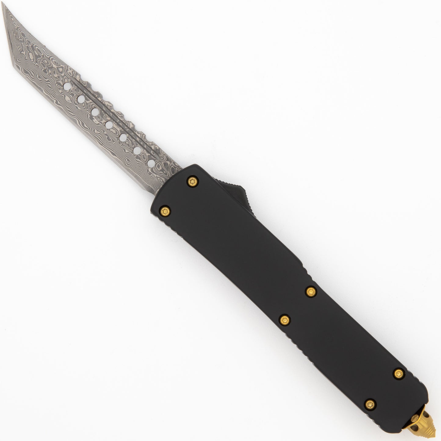 Dipping in Gold Damascus Tanto Automatic Out the Front Knife