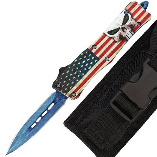 No Warning Damascus Automatic OTF Out the Front Switchblade Knife w/ USA Flag, Skull Design, Belt Clip, & Glass Breaker