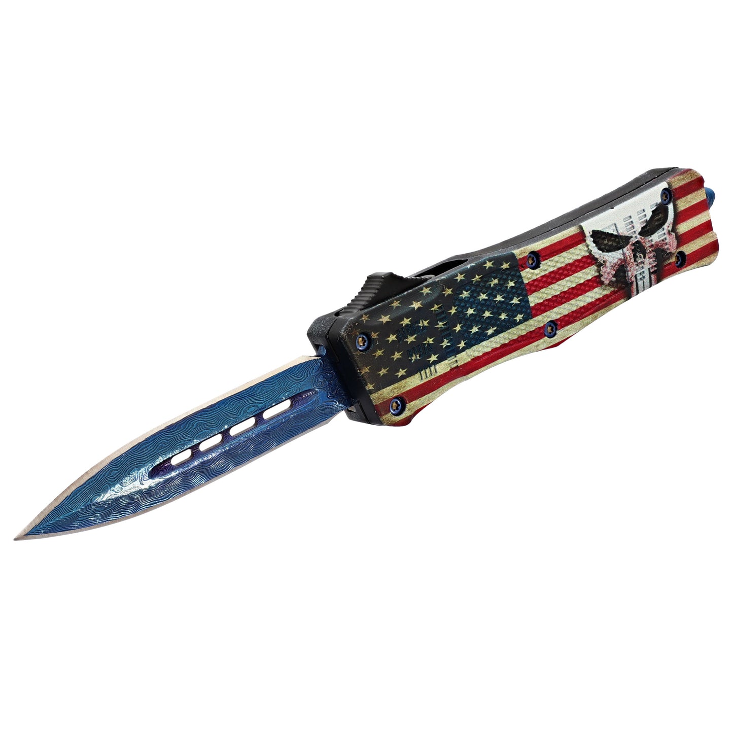 No Warning Damascus Automatic OTF Out the Front Switchblade Knife w/ USA Flag, Skull Design, Belt Clip, & Glass Breaker