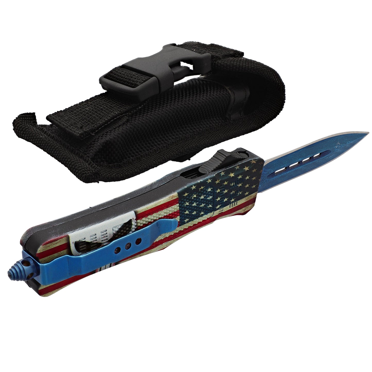 No Warning Damascus Automatic OTF Out the Front Switchblade Knife w/ USA Flag, Skull Design, Belt Clip, & Glass Breaker