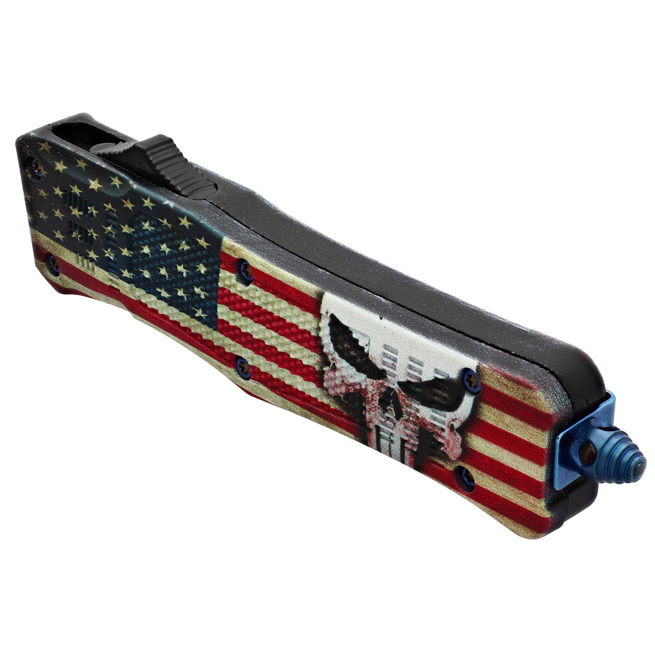 No Warning Damascus Automatic OTF Out the Front Switchblade Knife w/ USA Flag, Skull Design, Belt Clip, & Glass Breaker