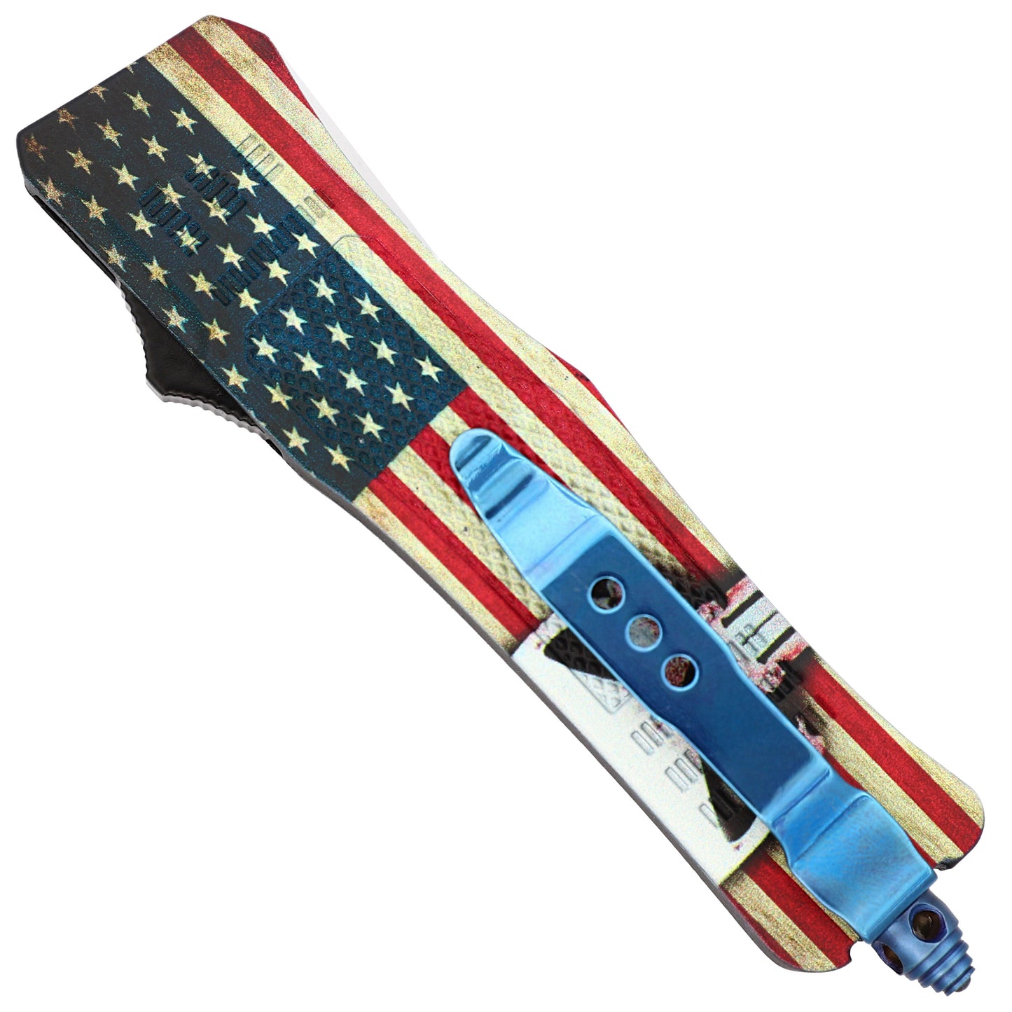 No Warning Damascus Automatic OTF Out the Front Switchblade Knife w/ USA Flag, Skull Design, Belt Clip, & Glass Breaker