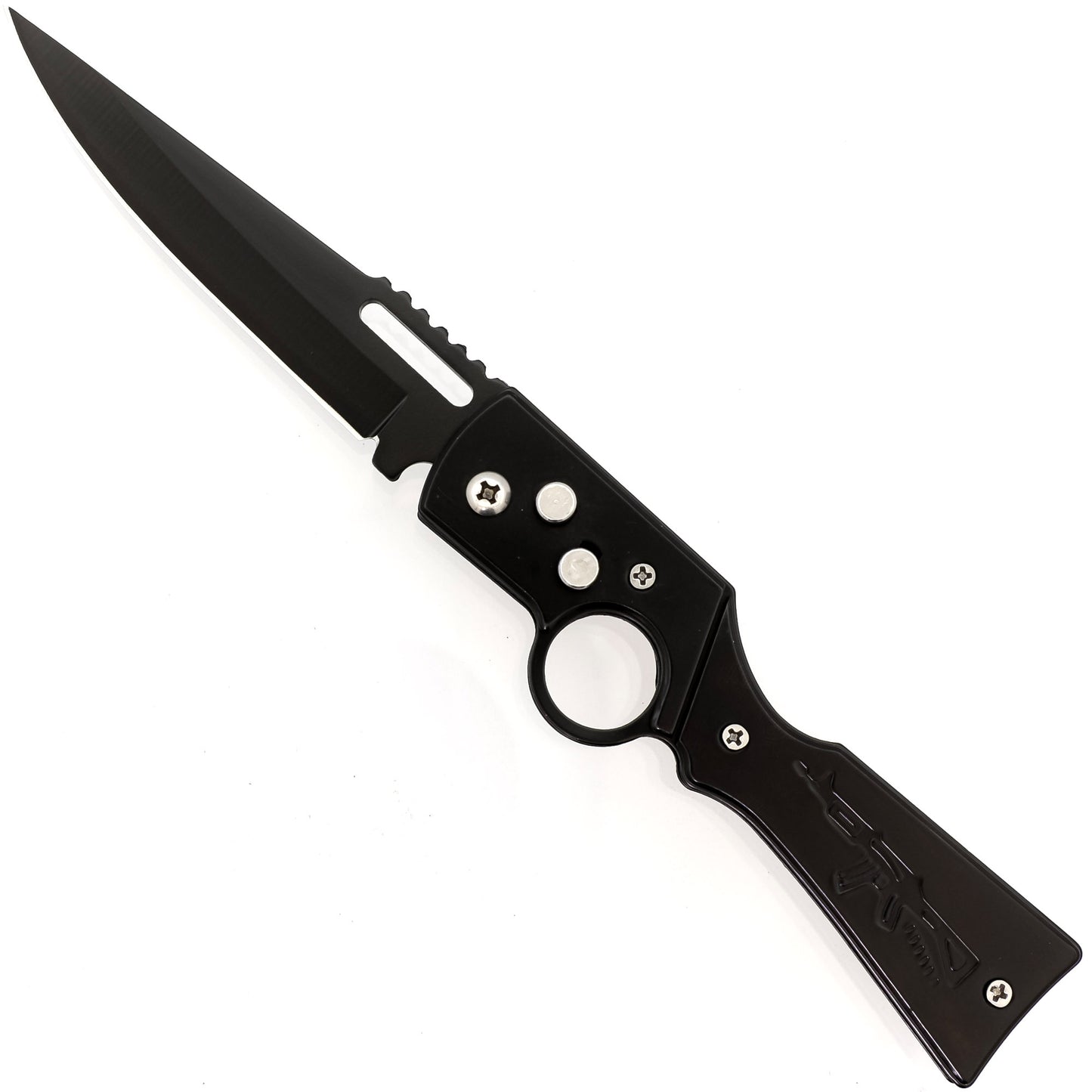 Full Auto Automatic Rifle Shaped Handle Motif Trailing Point Black Anodized Blade w/ Finger Hole, Belt Clip, & Safety Lock