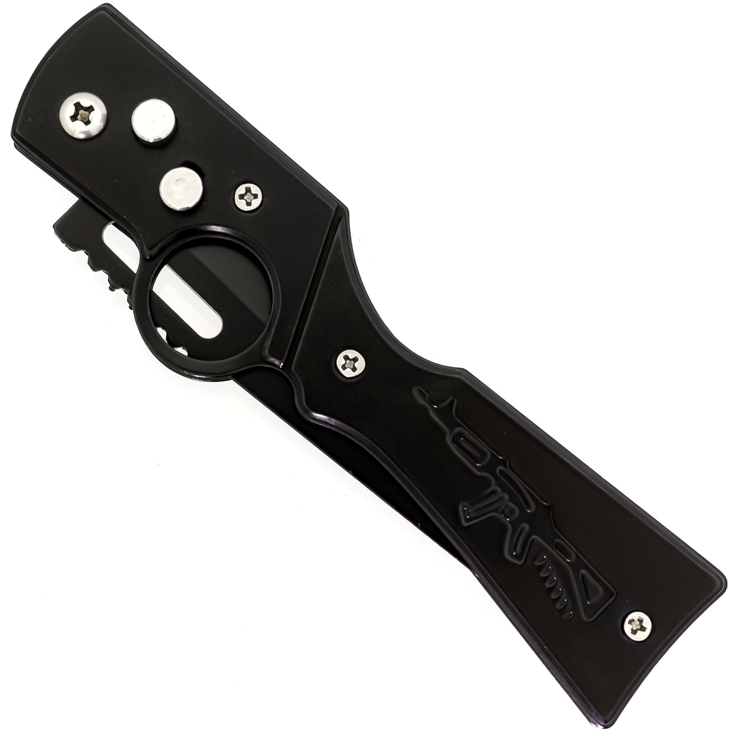 Full Auto Automatic Rifle Shaped Handle Motif Trailing Point Black Anodized Blade w/ Finger Hole, Belt Clip, & Safety Lock