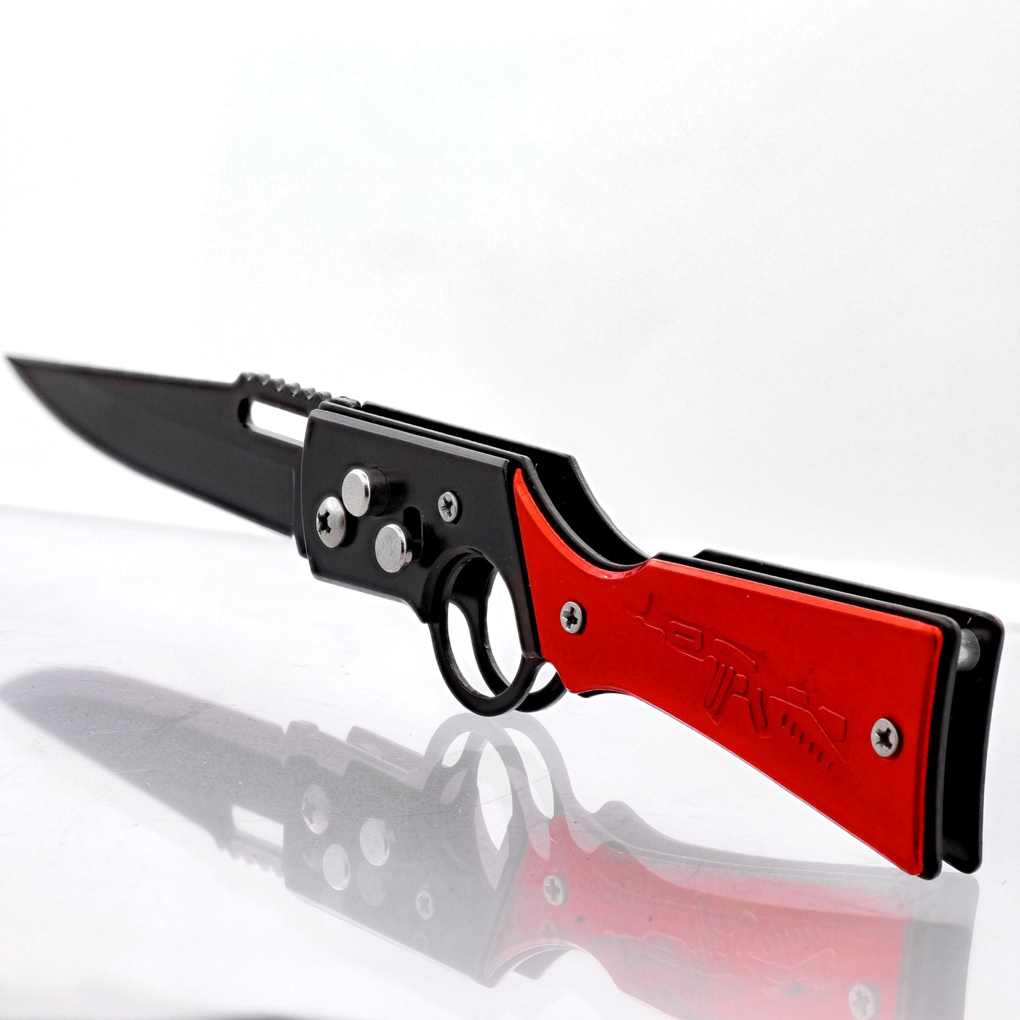 By Your Side Automatic Trailing Point Black Anodized Blade Red Rifle Shaped Handle Motif w/ Finger Hole, Belt Clip, & Safety Lock