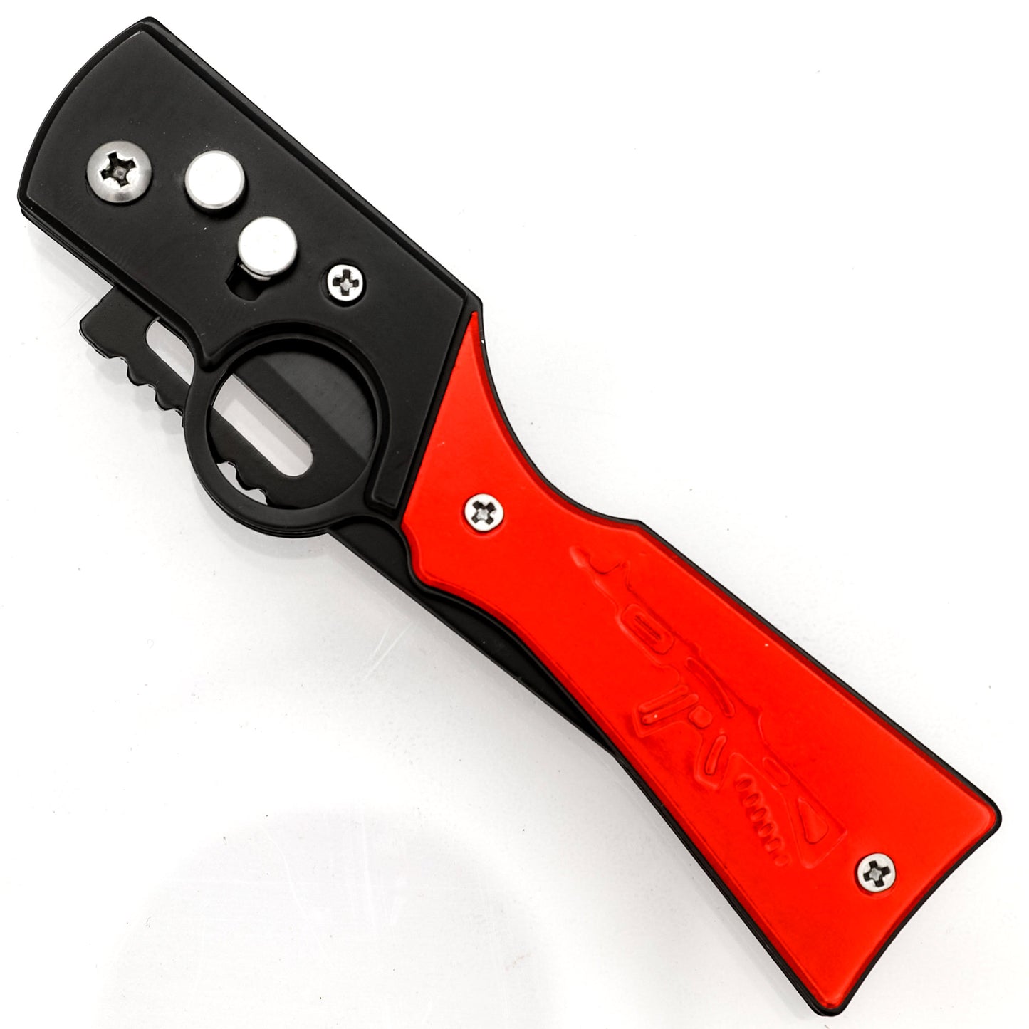 By Your Side Automatic Trailing Point Black Anodized Blade Red Rifle Shaped Handle Motif w/ Finger Hole, Belt Clip, & Safety Lock