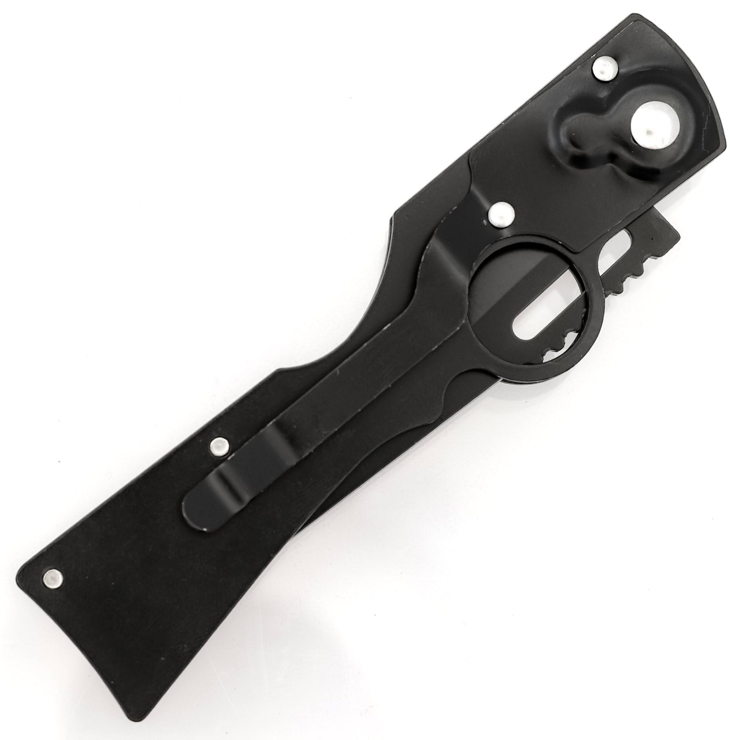 By Your Side Automatic Trailing Point Black Anodized Blade Red Rifle Shaped Handle Motif w/ Finger Hole, Belt Clip, & Safety Lock