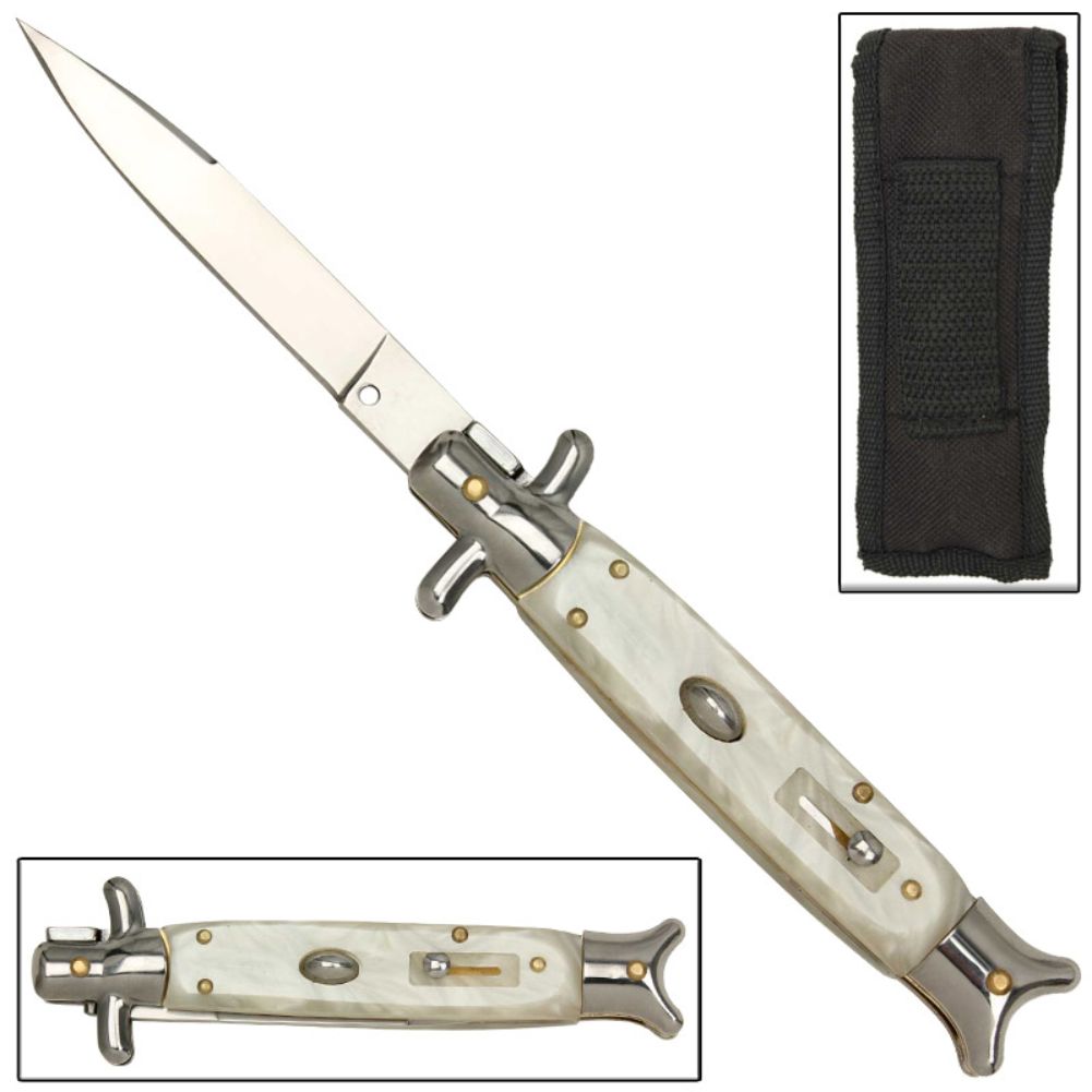 Shark Tail Italian Stiletto Automatic Knife Pearl Swirl Handle