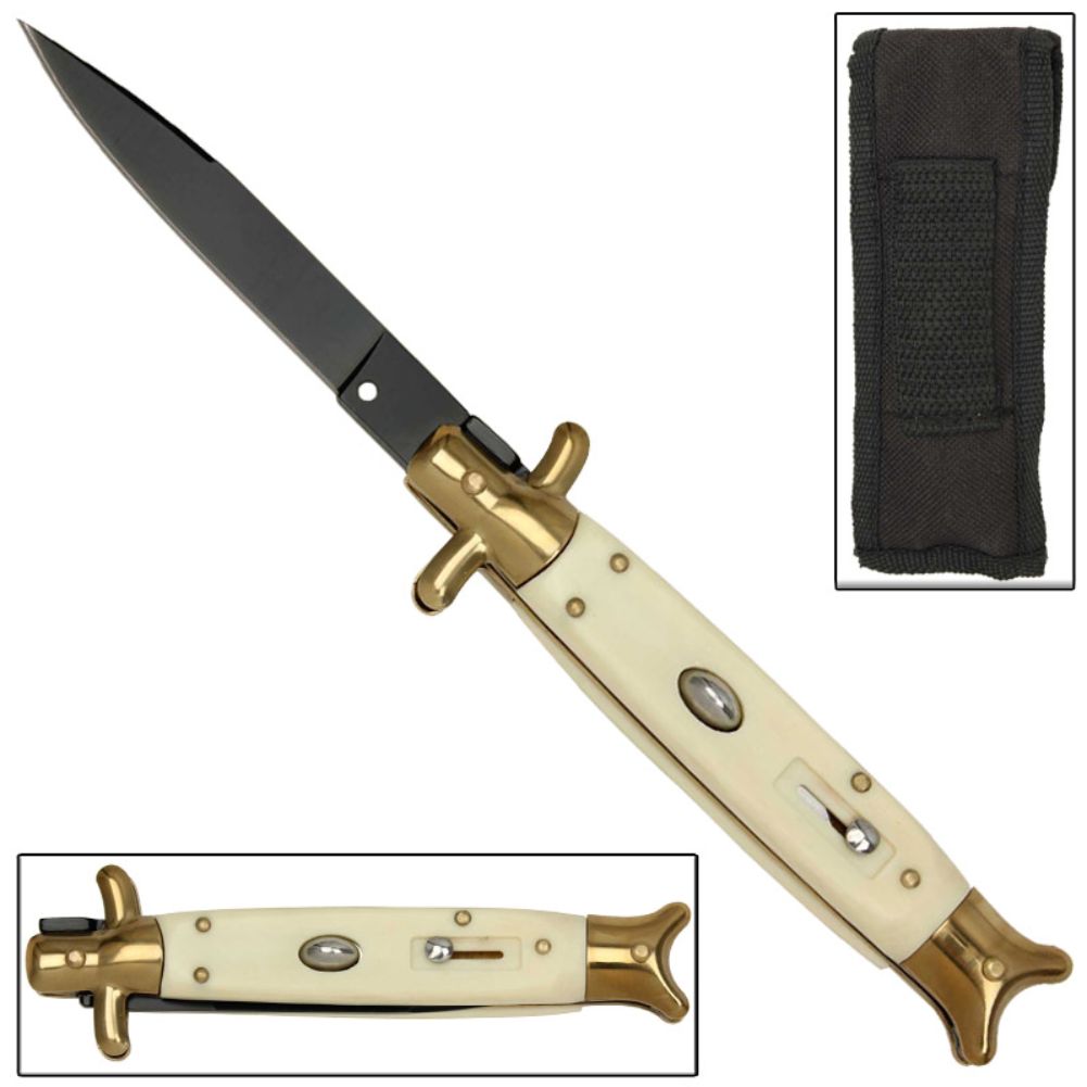 Shark Tail Italian Stiletto Automatic Knife Ivory Gold Handle