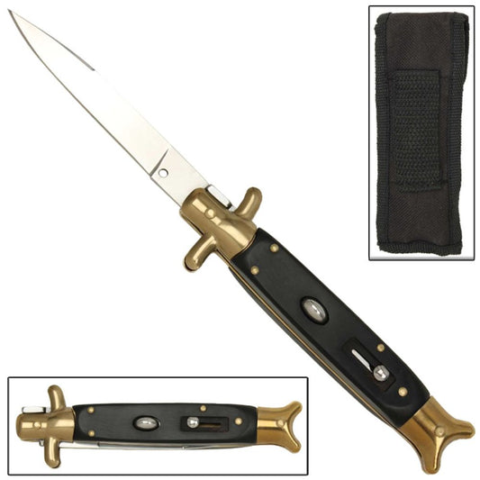 Shark Tail Italian Stiletto Automatic Knife Black Gold Handle