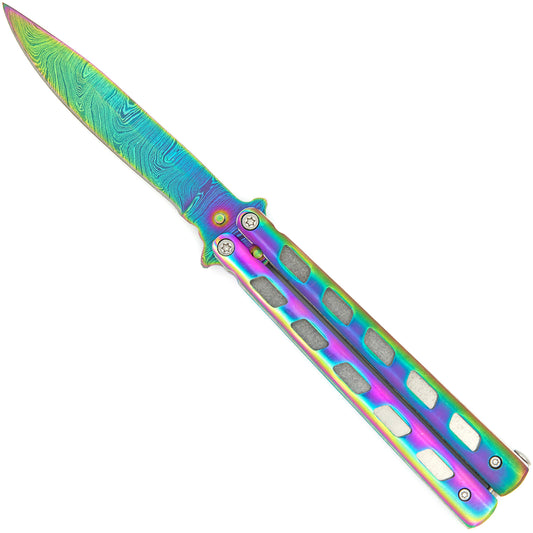 Rainbow Warrior Sunrise Butterfly Knife | Titanium Damascus | Drop Point | ABS Holder Included