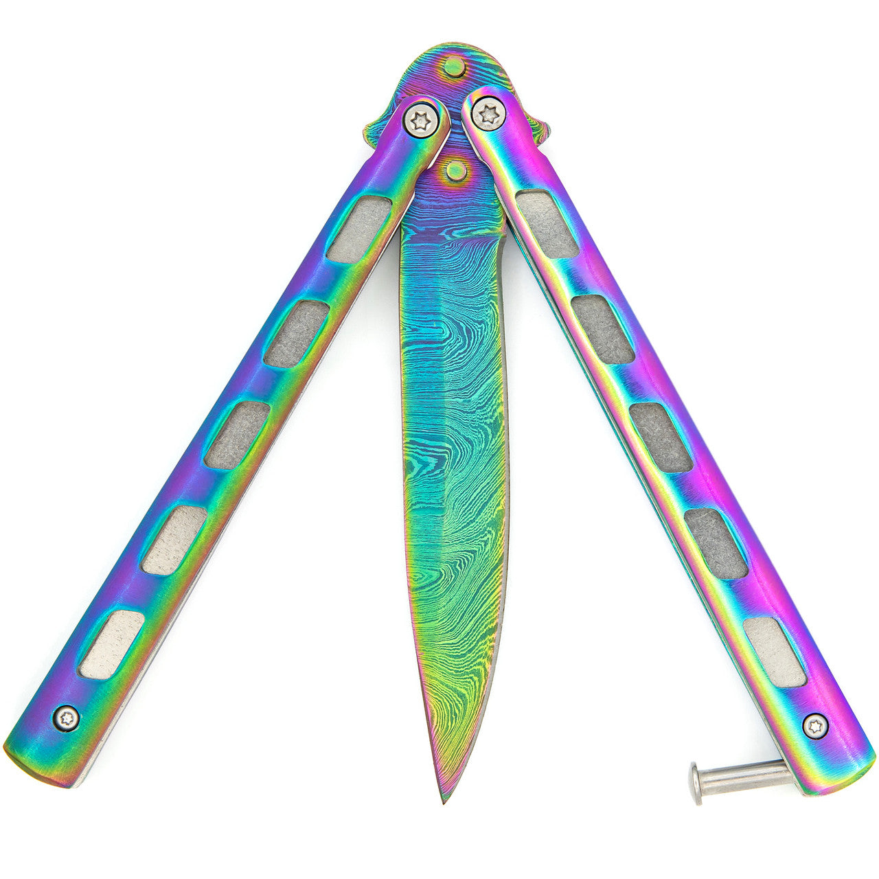 Rainbow Warrior Sunrise Butterfly Knife | Titanium Damascus | Drop Point | ABS Holder Included