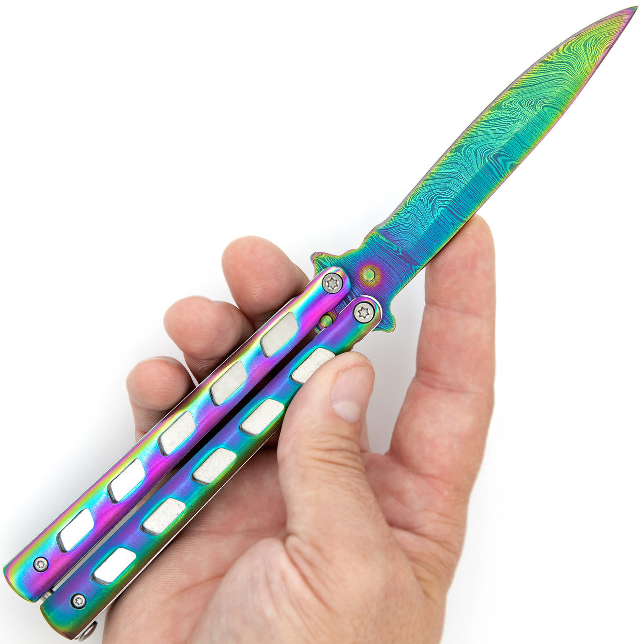 Rainbow Warrior Sunrise Butterfly Knife | Titanium Damascus | Drop Point | ABS Holder Included