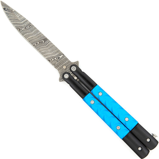 Azure Sky Butterfly Fanning Knife with Hard ABS Sheath | Damascus Steel | Drop Point